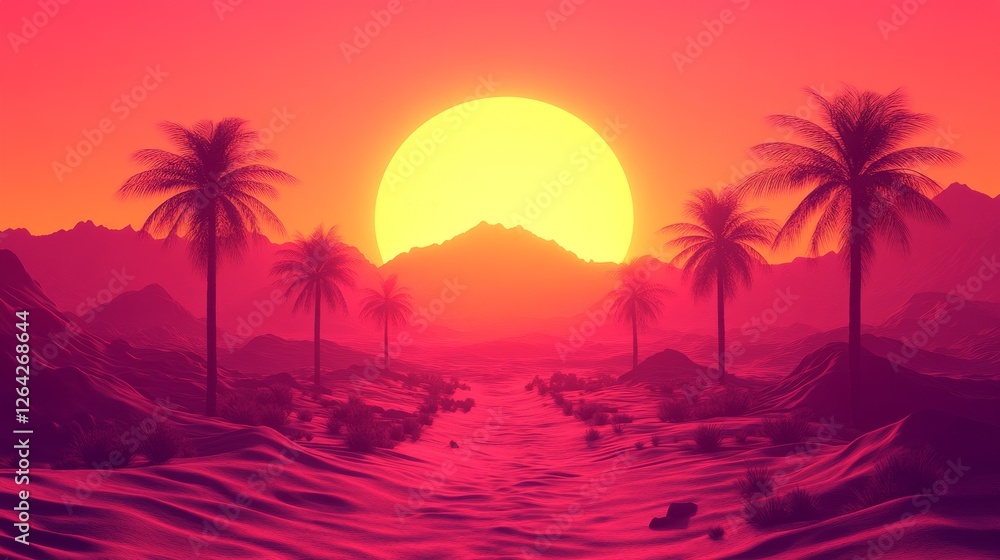 Naklejka premium Crimson Horizon A Tropical Sunset Landscape With Silhouetted Palms and Vibrant Sunset Shades, Inviting Warmth and Serenity