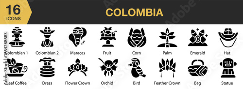 Colombia solid icon set. Includes tropical, city, town, building, forest, and More. Solid icons vector collection.