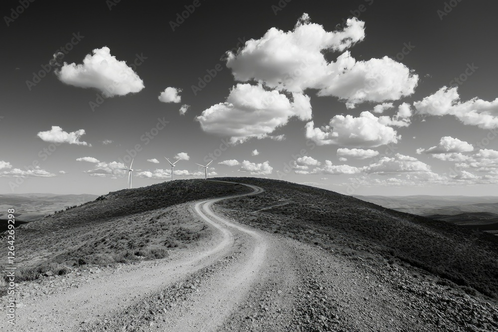 Fototapeta premium Dirt road leads uphill to turbines under sky, renewable energy concept