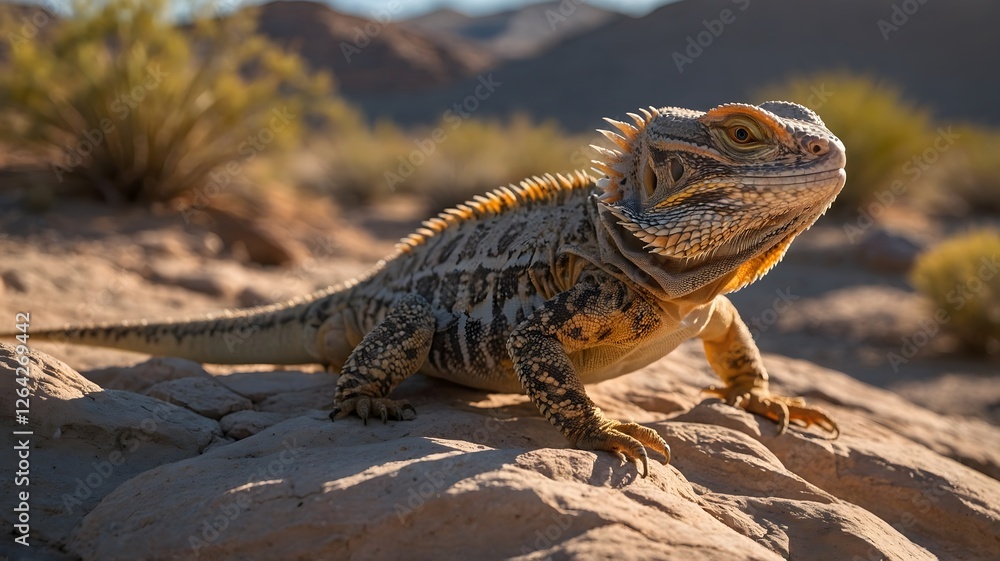 Fototapeta premium Bearded Dragon Climbing Over Rocks in Dry Desert Landscape, Mid-Motion with Long Shadows