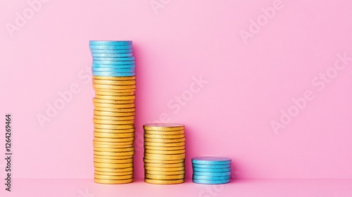 Stacks of Golden and Blue Coins on a Pink Background Representing Wealth, Investment Growth, and Financial Success Concept in Modern Design photo