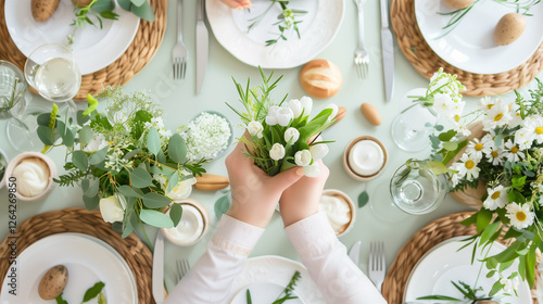  Elegant and stylish table set for an enchanting easter celebration flat lay