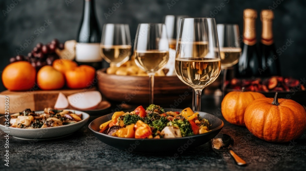 Festive Table Setting with Gourmet Food, Wine Glasses, Fresh Produce, and Decorative Pumpkins for a Cozy Autumn Gathering Festive Table Setting with Gourmet Food, Wine Glasses, Fresh Produce, and Decorative Pumpkins for a Cozy Autumn Gathering