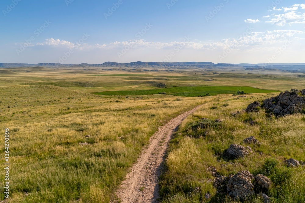 Fototapeta premium Rural dirt road passes through meadow landscape on a sunny day, with blue skies
