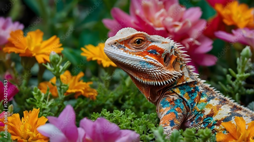 Obraz premium Garden Harmony: Bearded Dragon Camouflaged Among Vibrant Blooms