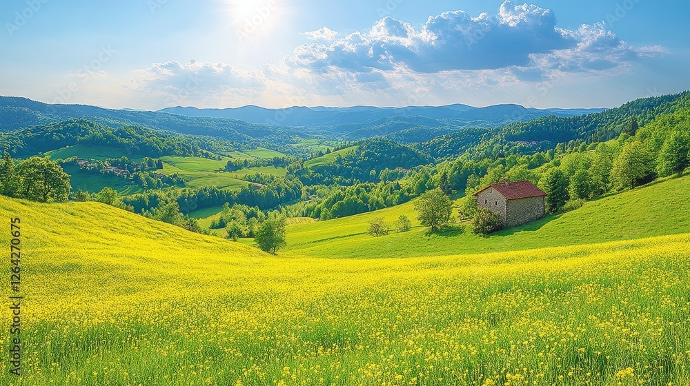 Idyllic Countryside Scenery with Blooming Yellow Field and a Remote Cottage under the Summer Sky Beautiful View Idyllic Countryside Scenery with Blooming Yellow Field and a Remote Cottage under the Summer Sky Beautiful View