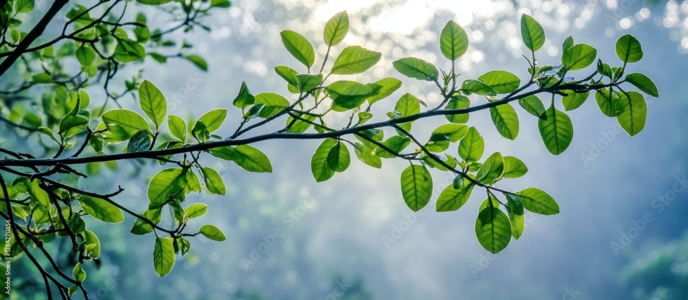 Obraz premium Forest branch with green leaves, sunlit, misty background, nature poster