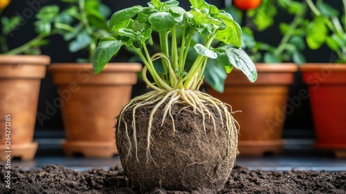 Root ball plant, garden soil, potted herbs, dark background, gardening photo