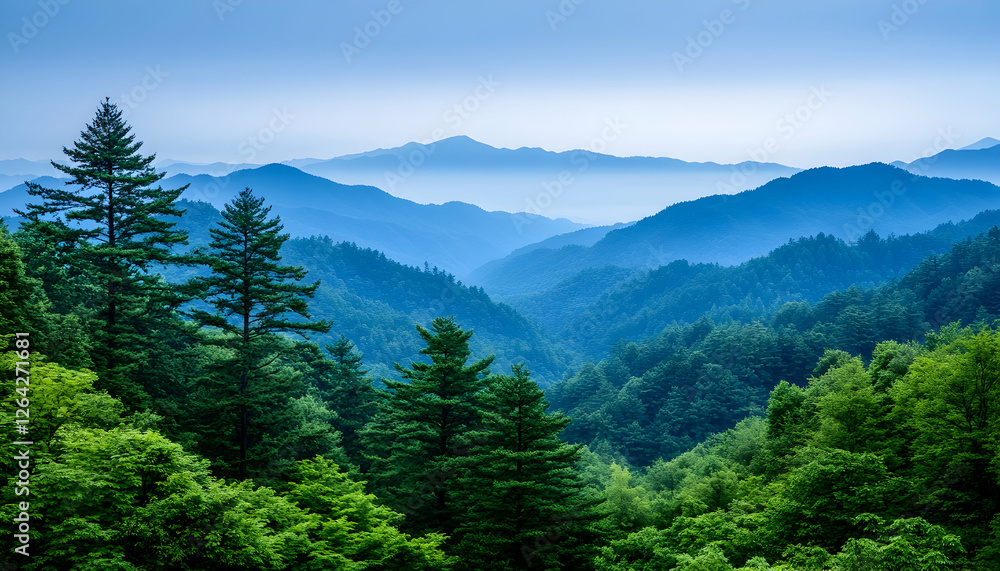 Obraz premium Forest landscape with misty mountains; trees in foreground; nature background generative AI