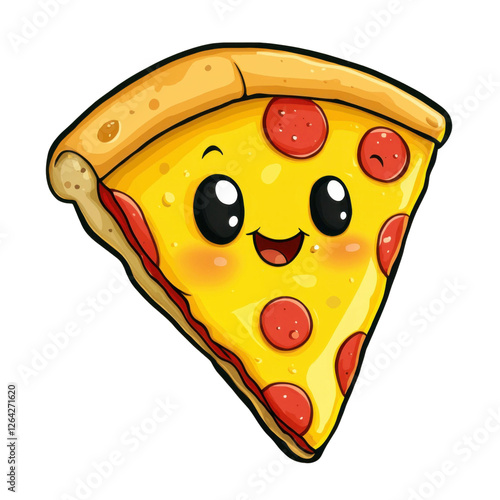 Happy cartoon style slice of pizza with pepperoni and cheerful expression