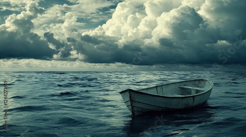 Lonely boat adrift stormy ocean, dramatic cloudscape, sea