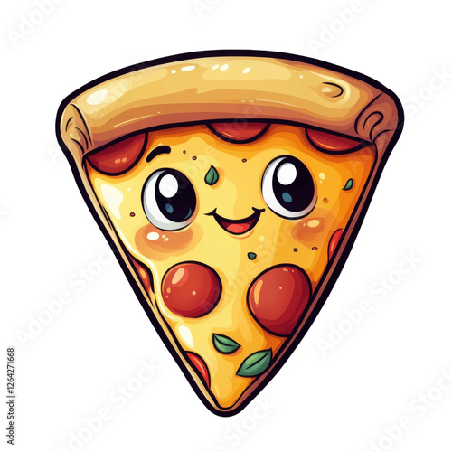 Happy cartoon style pizza slice with cheese and pepperoni