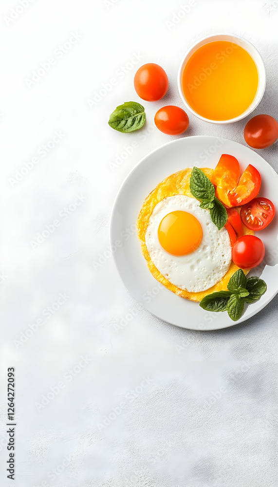 Fried egg with vegetables and juice, breakfast, white background. Copy space generative AI Fried egg with vegetables and juice, breakfast, white background. Copy space generative AI