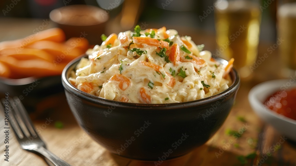 Creamy coleslaw with carrots in a bowl. Perfect side dish for barbecues, enhancing any meal. Creamy coleslaw with carrots in a bowl. Perfect side dish for barbecues, enhancing any meal.