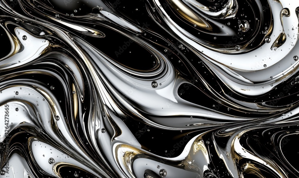 Abstract swirling black, white, gold liquid; background texture; design Abstract swirling black, white, gold liquid; background texture; design