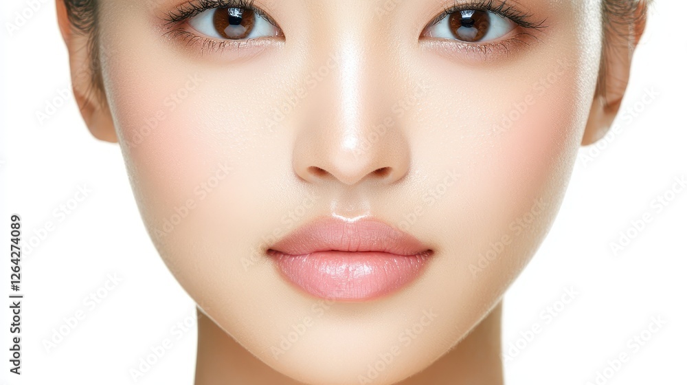 Radiant woman in closeup, pink lipstick portrait on white background 