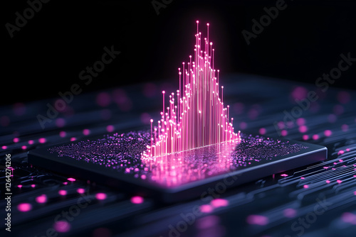 Glowing data graph on processor with circuit lines for technology presentation generative AI