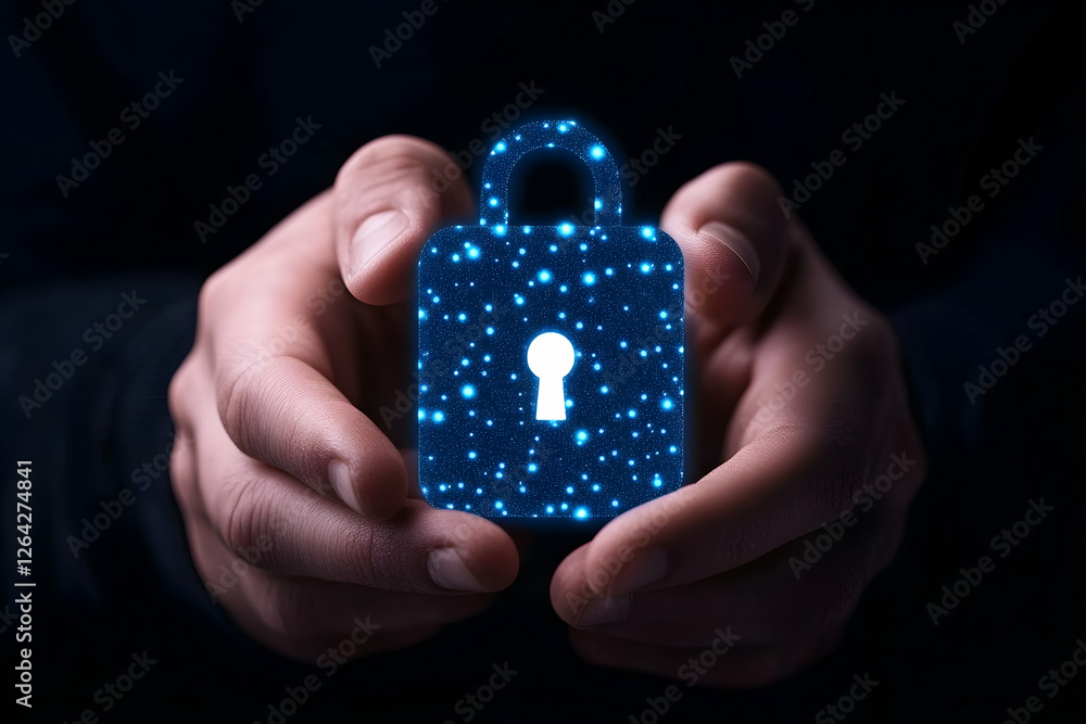 Glowing padlock is held in hands, protection against dark digital backdrop generative AI Glowing padlock is held in hands, protection against dark digital backdrop generative AI