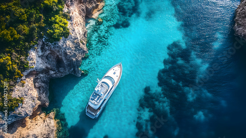 Fototapeta Naklejka Na Ścianę i Meble -  Coastal Paradise with White Sand Beach and Waves, sea, beach, water, ocean, coast, island, tropical, coastline, generative ai