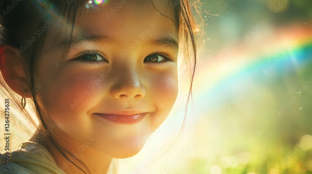 Fototapeta premium Happy child smiling outdoors, rainbow background, nature, joy, childhood