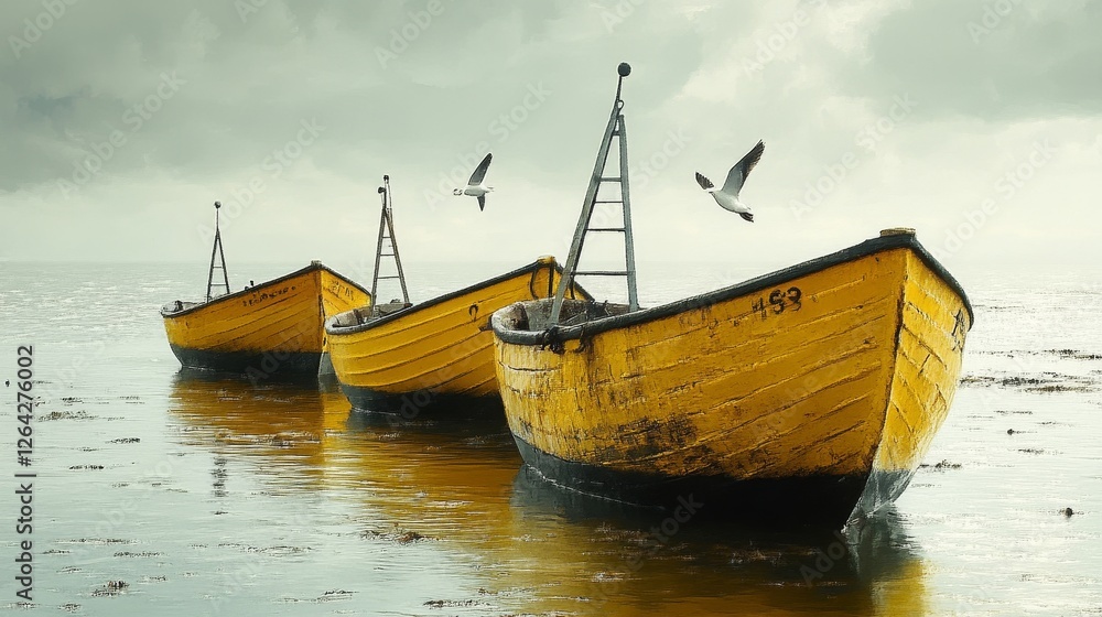 Yellow Fishing Boats on the Ocean Against a Cloudy Horizon with Seagulls Flying Above in a Seascape View Under a Dramatic Sky Yellow Fishing Boats on the Ocean Against a Cloudy Horizon with Seagulls Flying Above in a Seascape View Under a Dramatic Sky