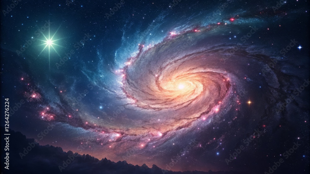 Fototapeta premium Cosmic Spiral Galaxy Starry Night Landscape, Digital Art, Space, Nebula Space, Astronomy