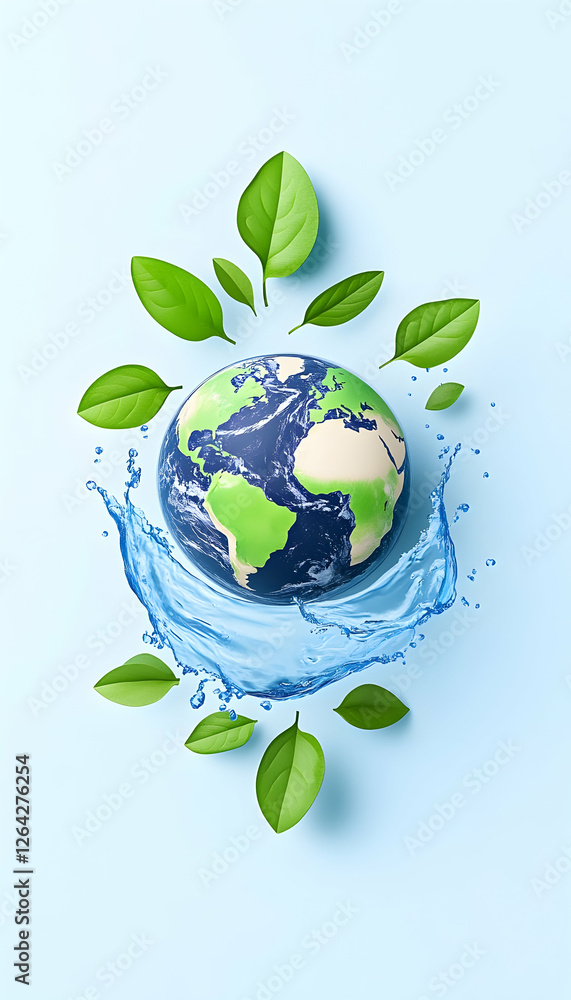 Green globe surrounded by water splash and leaves for environmental campaigns generative AI Green globe surrounded by water splash and leaves for environmental campaigns generative AI
