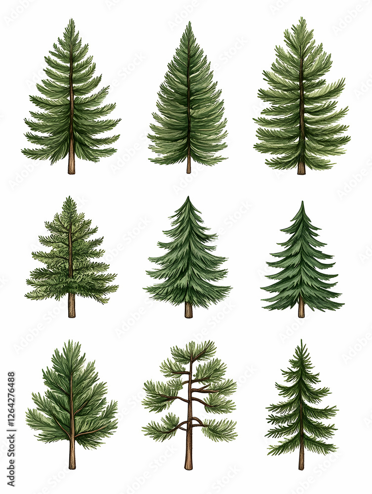 Green pine trees isolated on white background, forest illustration for decoration generative AI Green pine trees isolated on white background, forest illustration for decoration generative AI