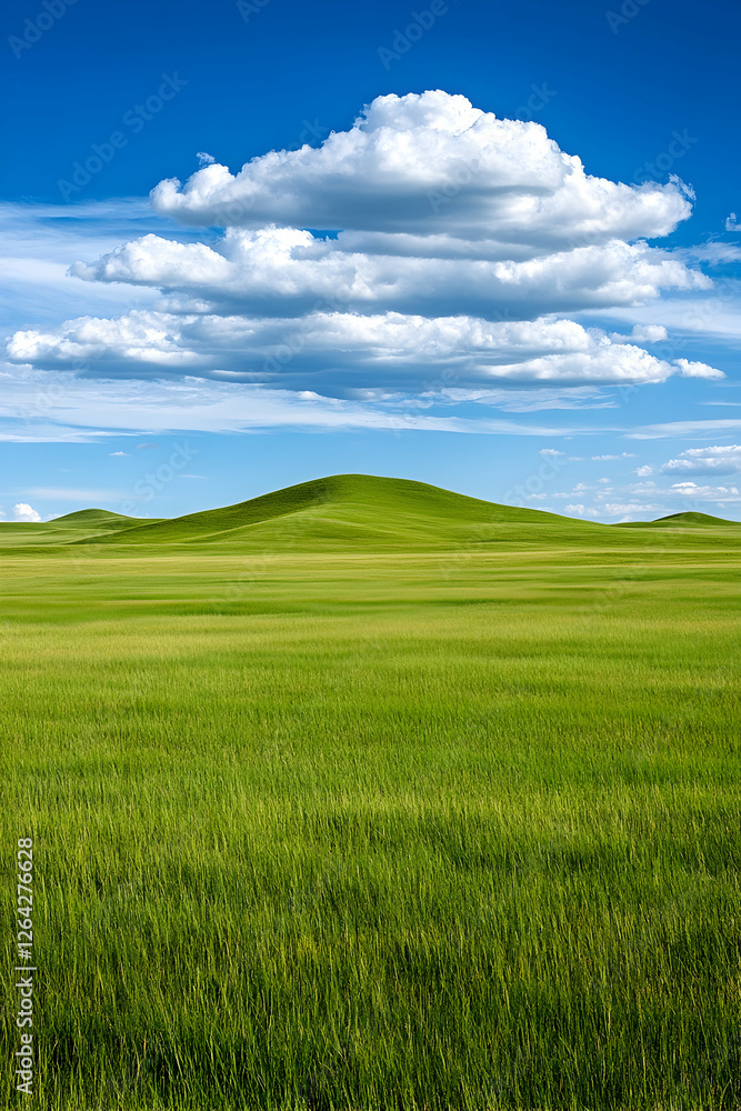 Green prairie, serene landscape. Lush plains meet sky. Clouds form. Use tourism generative AI Green prairie, serene landscape. Lush plains meet sky. Clouds form. Use tourism generative AI