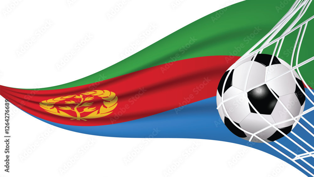 Fototapeta premium Soccer football ball in goal net with Eritrea wavy flag، Sports accessory equipment