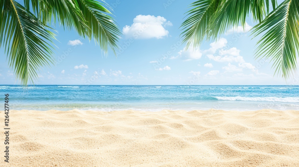 Fototapeta Tropical beach paradise, palm tree swaying under clear blue sky on a sunny day scenic