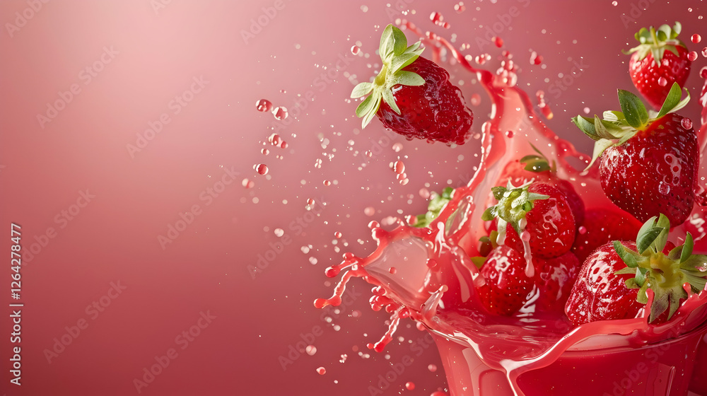 Fresh strawberries splashing into vibrant red juice against a soft pink background, creating dynamic motion Fresh strawberries splashing into vibrant red juice against a soft pink background, creating dynamic motion