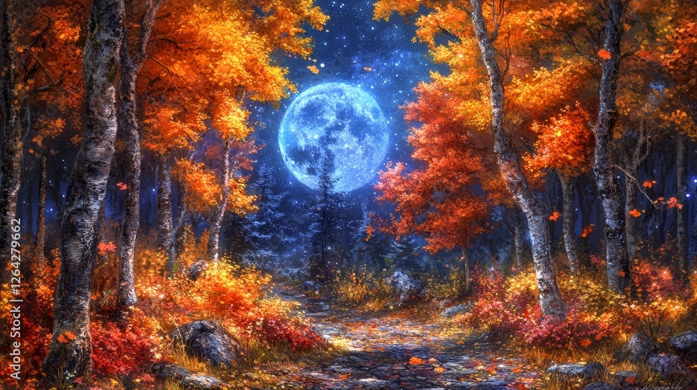 Fototapeta premium Mystical Autumn Forest with Luminous Moon Surreal Dreamscape Nature Magic Celestial Woodland Scene and Orange Foliage Illustration