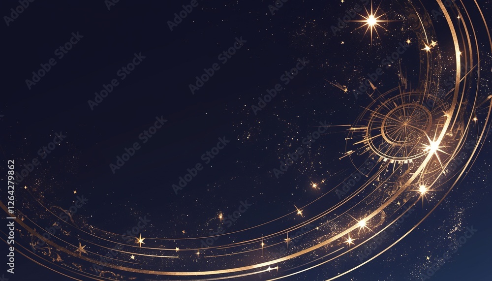 Fototapeta premium Golden light trails swirling in dark space with sparkling stars