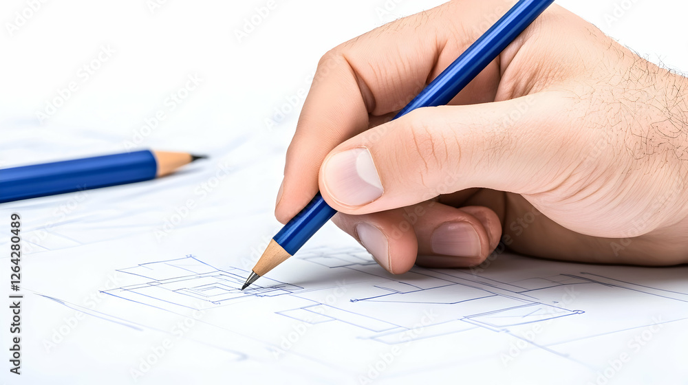 Architect's Hand Draws Blueprint on White Background for Design or Engineering generative AI Architect's Hand Draws Blueprint on White Background for Design or Engineering generative AI