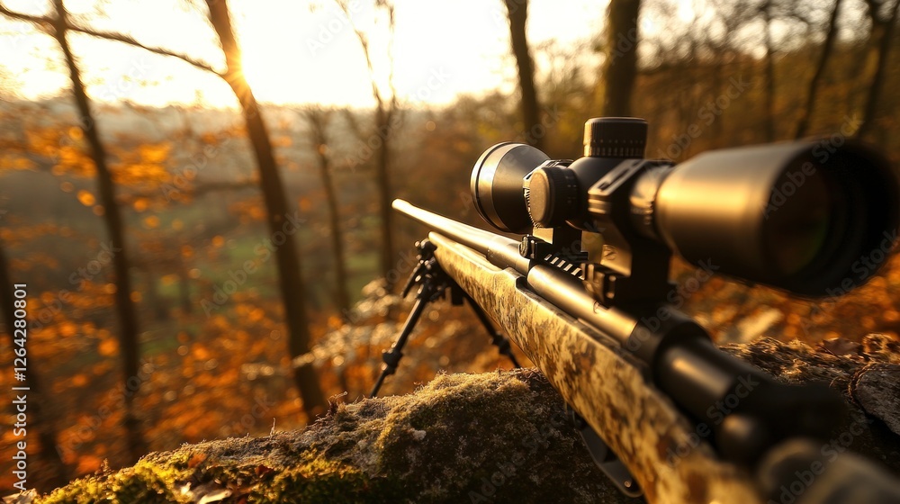 A close-up of a sniper rifle positioned on a log in a forest during sunset. A close-up of a sniper rifle positioned on a log in a forest during sunset.