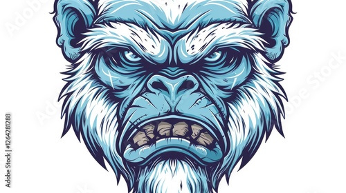 Bold illustration of an aggressive blue gorilla face with intricate details and fierce expression on a white background photo