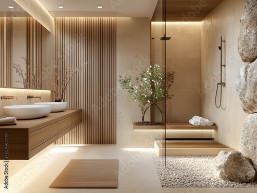 Elegant bathroom showcasing a natural stone shower and modern sinks