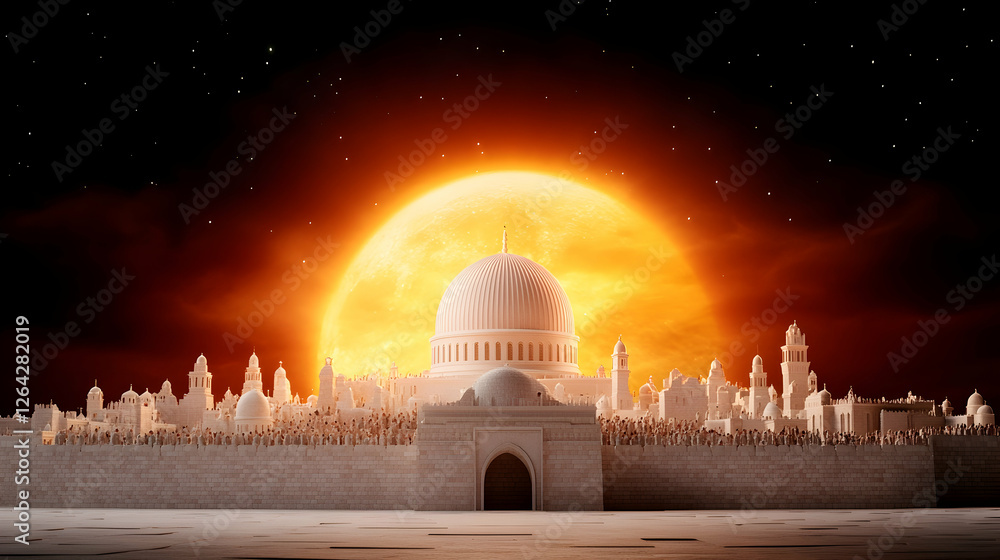 Fototapeta premium Jerusalem skyline at night with rising sun for faith, religion or middle east travel generative AI