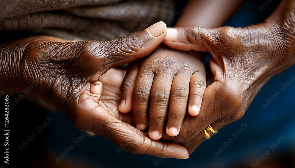 Fototapeta premium A touching top-down close-up captures the tender connection between a Black senior woman and a little girl as their hands gently clasp together. 