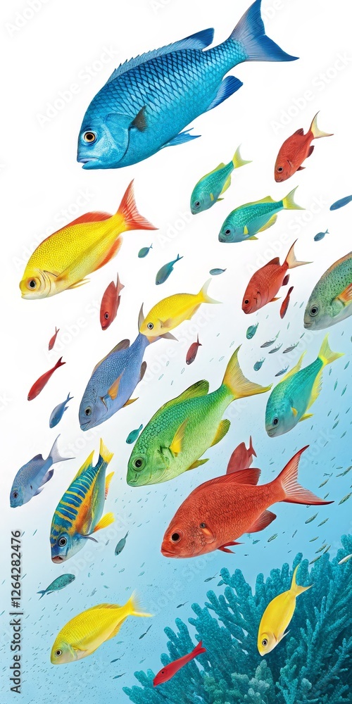 Obraz premium Vibrant Reef Fish Collage Colorful School of Tropical Fish, Underwater Scene, Marine Life, Coral Tropical Fish, Underwater Art