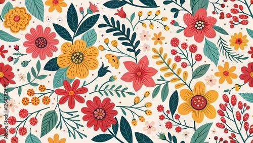 Vibrant Floral Seamless Pattern Red, Yellow and Green Flowers, Botanical Illustration, Spring Summer Design. Floral pattern, botanical art