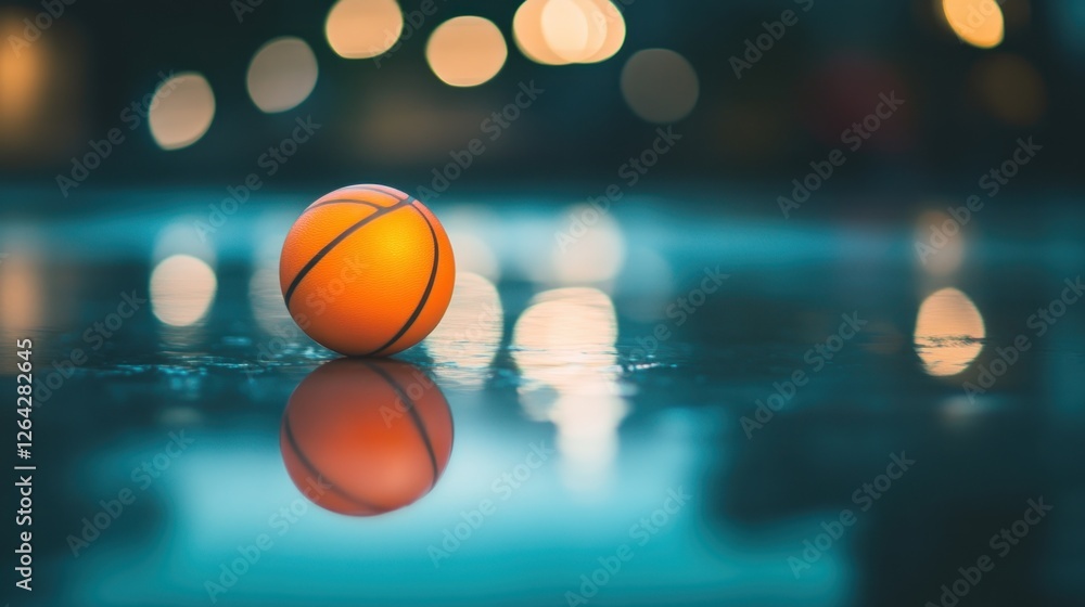A close-up of an orange basketball resting on a wet surface, reflecting ambient light. A close-up of an orange basketball resting on a wet surface, reflecting ambient light.