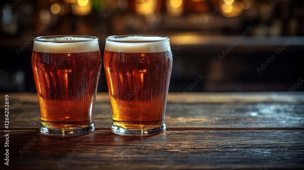 Two Glasses of Amber Beer on a Rustic Wooden Bar Two Glasses of Amber Beer on a Rustic Wooden Bar