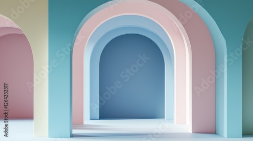 Colorful abstract architecture featuring pastel arches in a serene  minimalistic interior space