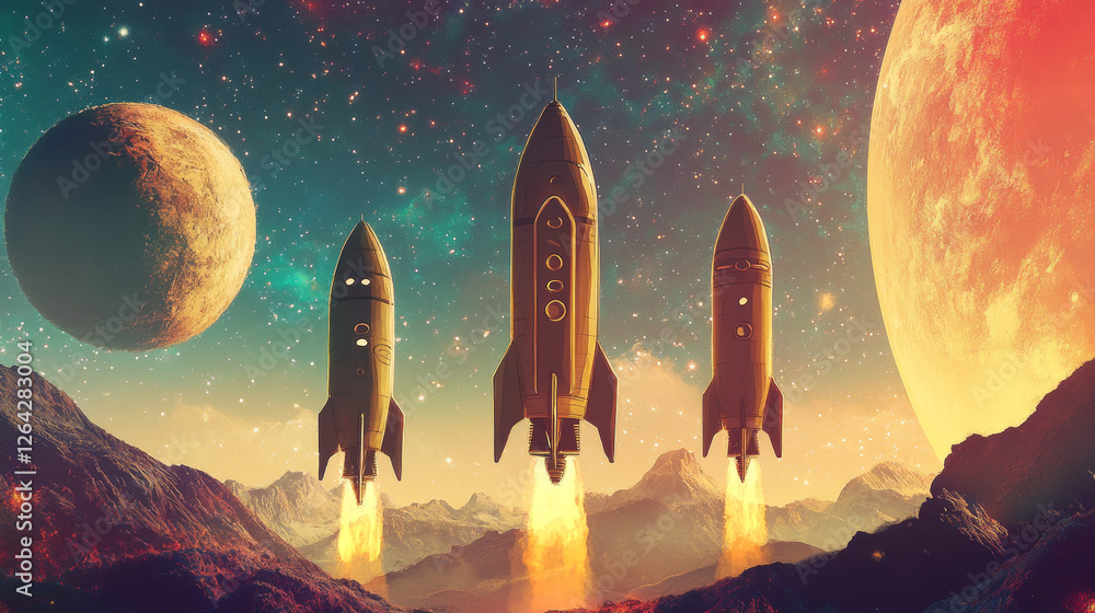 Naklejka premium Space exploring cartoon vertical banners, cute friendly alien, ufo saucer, astronaut, planets, rocket or shuttle in galaxy. Fantasy cosmic backgrounds with Universe objects, vector illustration, set