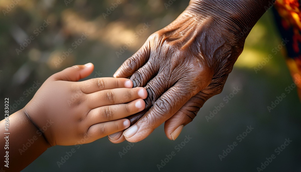 Fototapeta premium A touching top-down close-up captures the tender connection between a Black senior woman and a little girl as their hands gently clasp together.