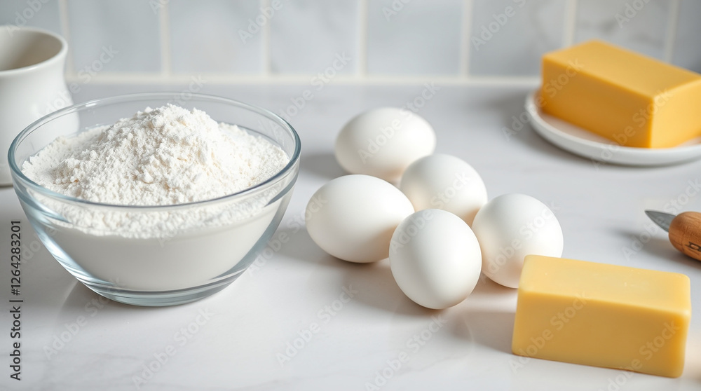 A kitchen counter with flour, eggs, and butter – Generative AI A kitchen counter with flour, eggs, and butter – Generative AI