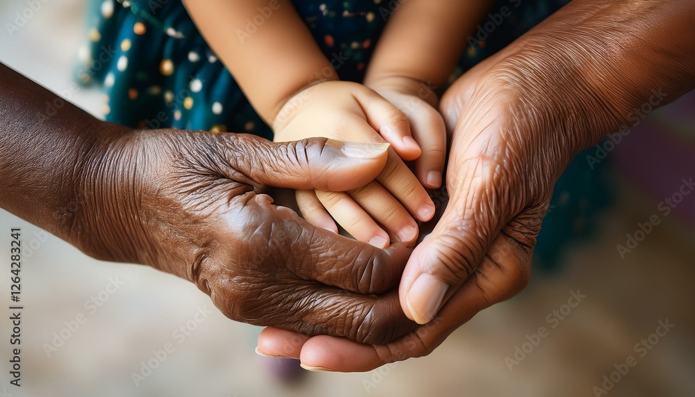 Fototapeta premium A touching top-down close-up captures the tender connection between a Black senior woman and a little girl as their hands gently clasp together. 