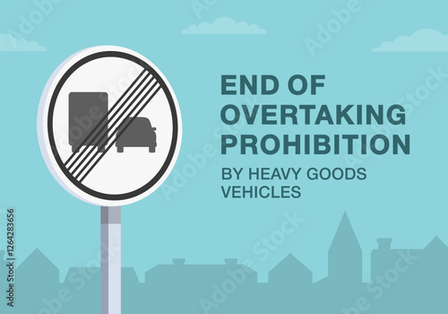 Safe driving tips and traffic regulation rules. Close-up of european "end of no overtaking by heavy goods vehicle" sign meaning. Flat vector illustration template.